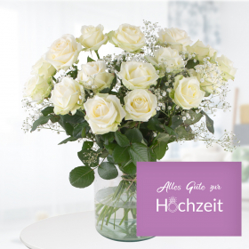 Weiße Premium-Rosen mit Schleierkraut + "Alles Gute zur Hochzeit" Karte