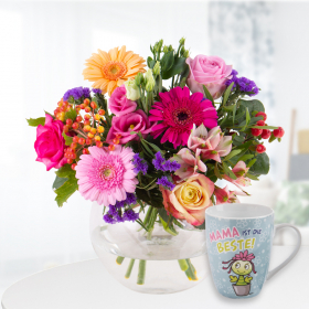 Blumenstrauß Kunterbunt + Nici Tasse "Mama ist die Beste!"