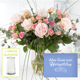 Rosenstrauß Sophia + gratis Glasvase + "Alles Gute zum Hochzeitstag" Grußkarte