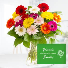 Blumenstrauß Bunte Gerbera + "Freunde sind wie eine zweite Familie" Karte