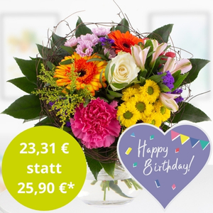 Bunter Geburtstagsstrauß mit Karte "Happy Birthday"